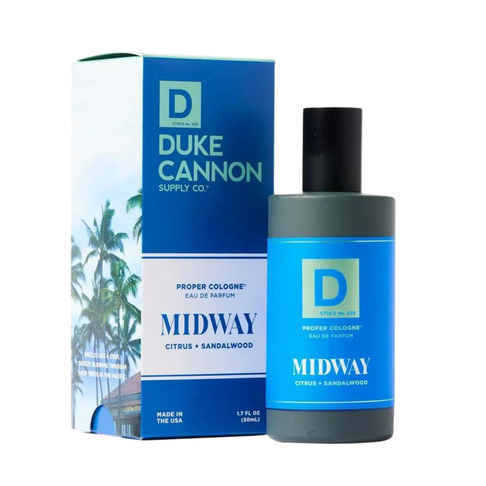 Duke Cannon Proper Cologne Midway bottle closeup with apothecary-style glass highlighting craftsmanship