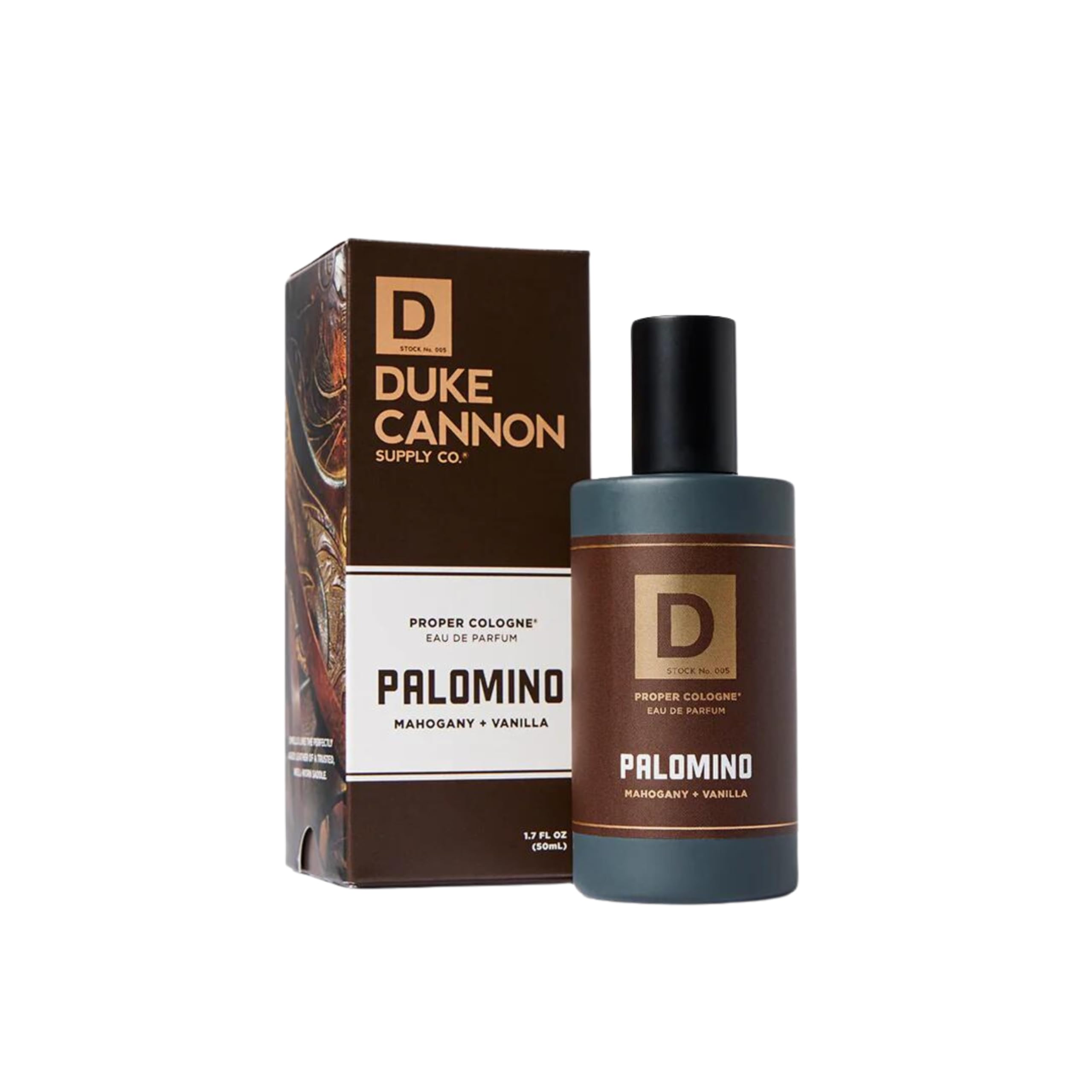 Duke Cannon Proper Cologne Palomino bottle front shows mahogany-vanilla blend for everyday elegance.