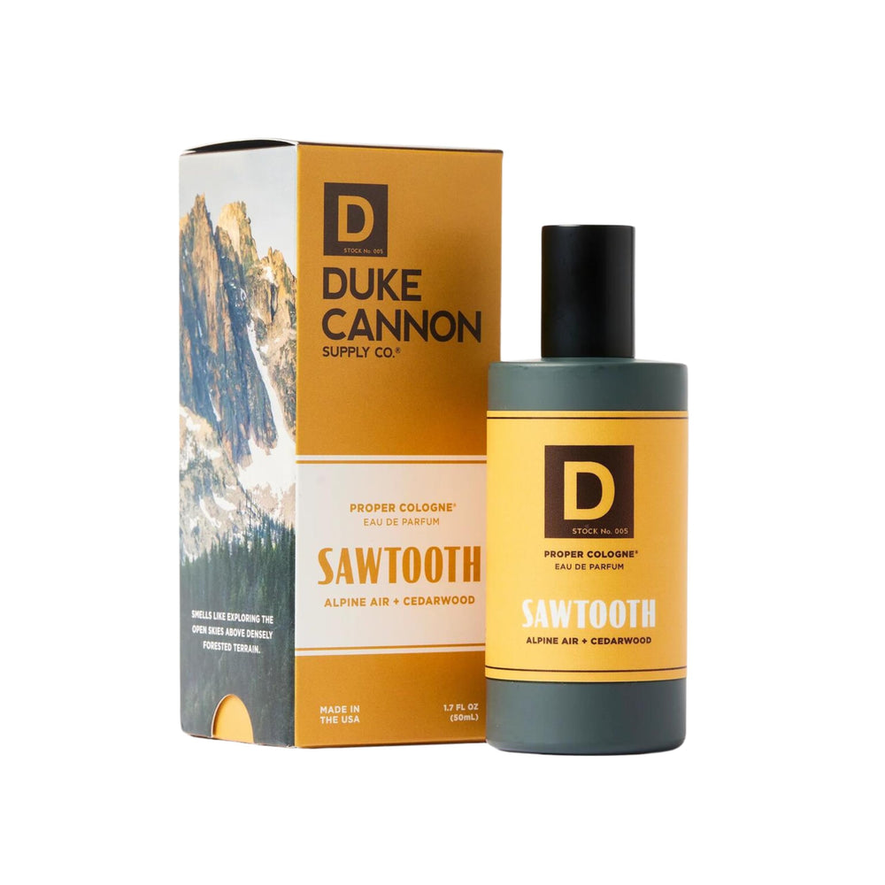 Duke Cannon Proper Cologne Sawtooth bottle close-up showcasing rugged, lasting scent.