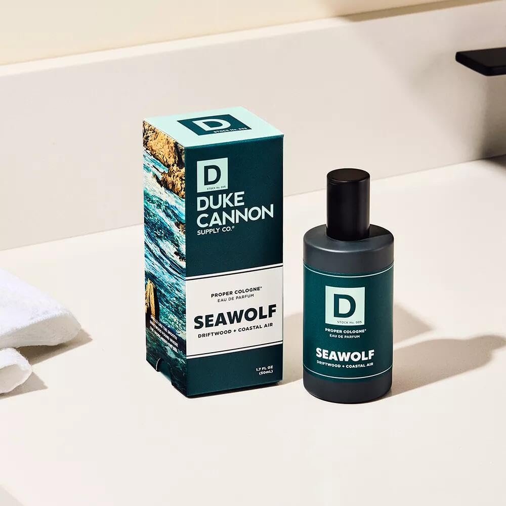 Duke Cannon Seawolf glass bottle in a minimalist apothecary-inspired design.