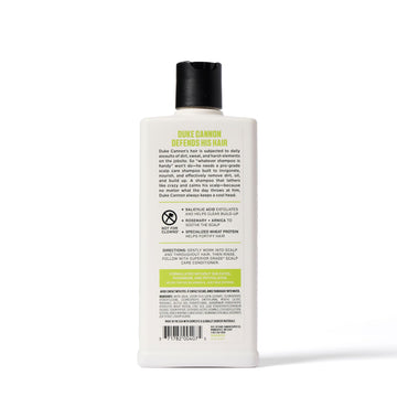 Duke Cannon rosemary-arnica soothing extract calms the scalp.