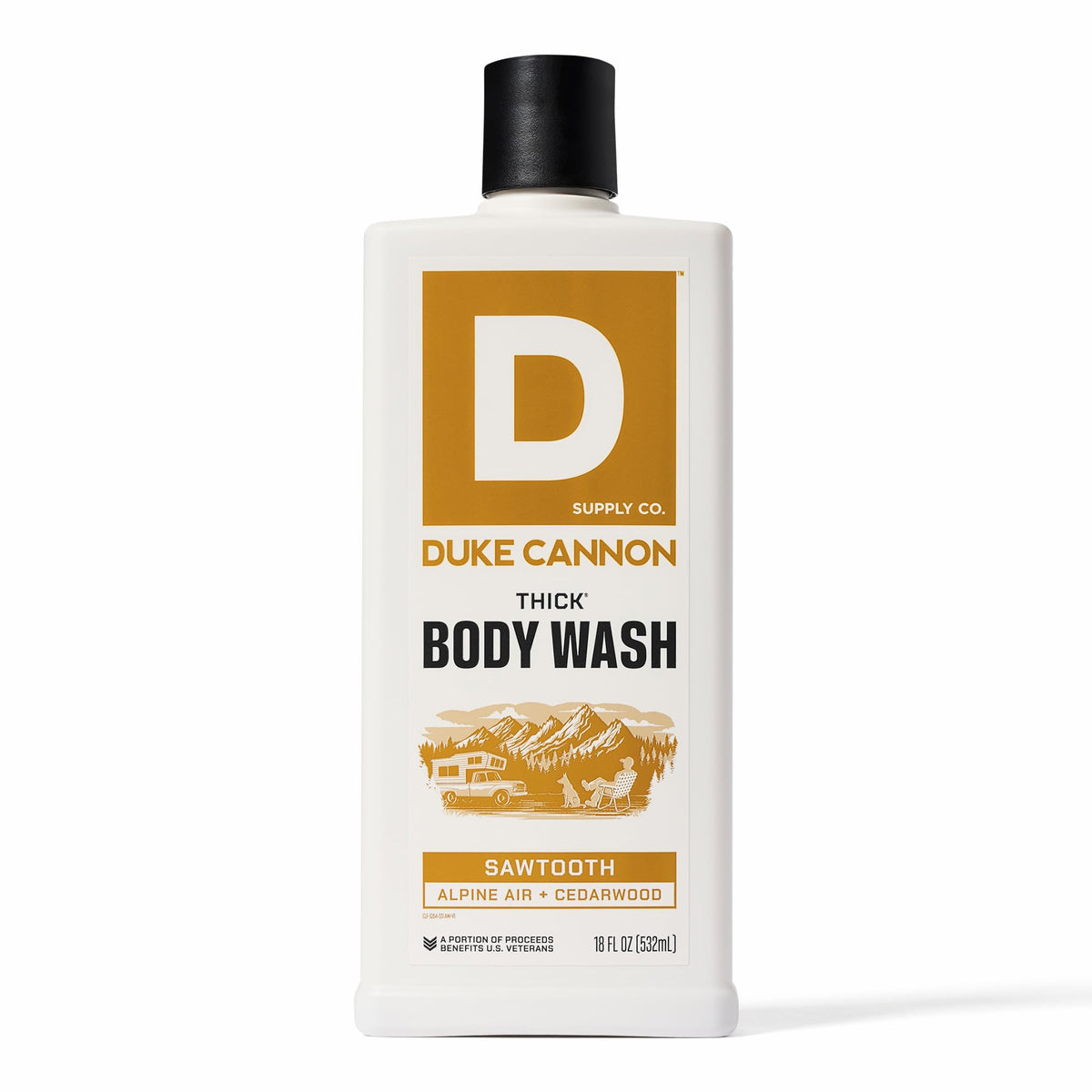 Duke Cannon Sawtooth: botella grande para ducha con espuma abundante.