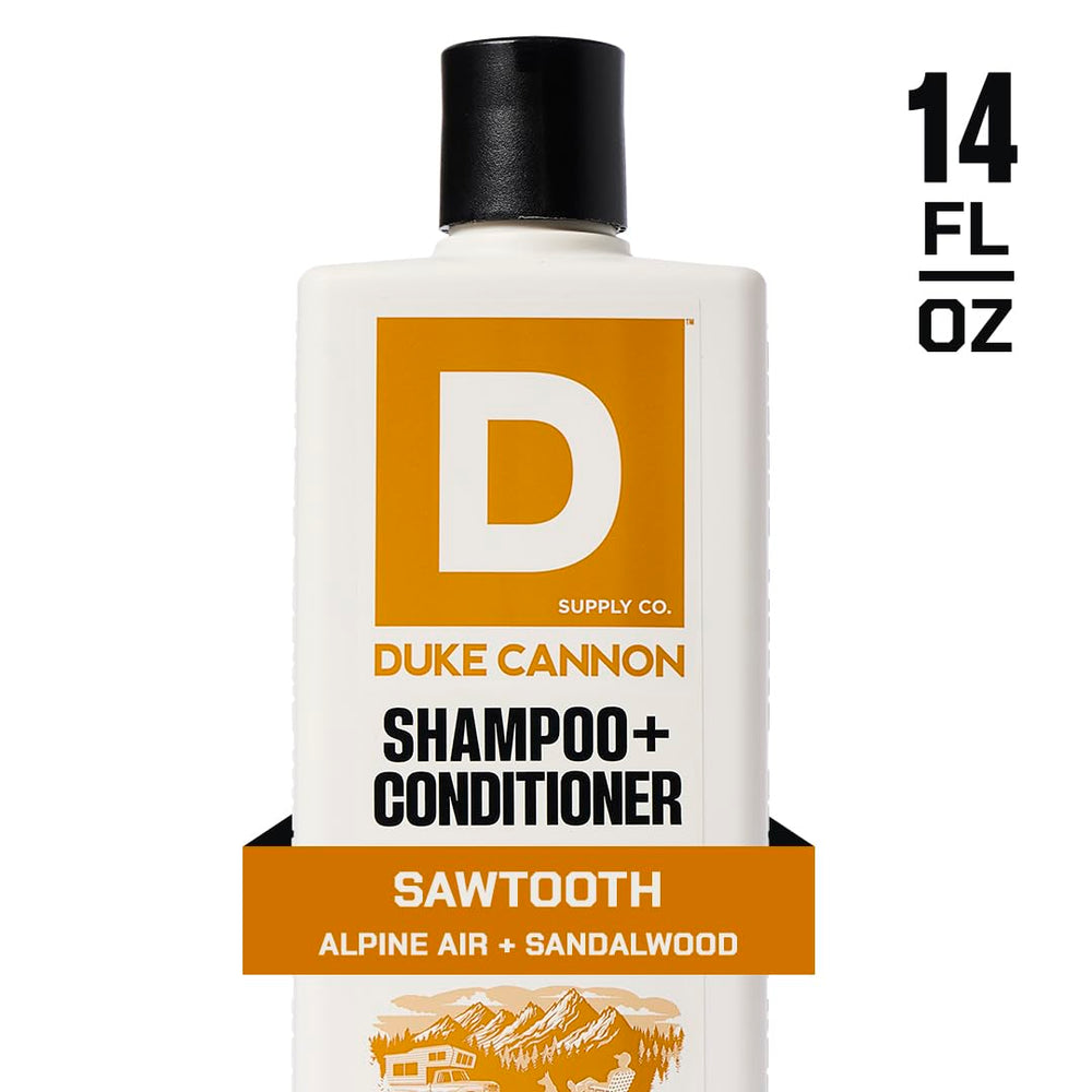 Étiquette du Duke Cannon Sawtooth 2-en-1 démontrant qualité et soin.