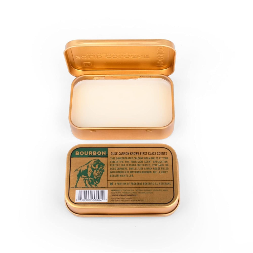 Duke Cannon packaging aesthetic suggests rugged brand ethos and lasting scent.