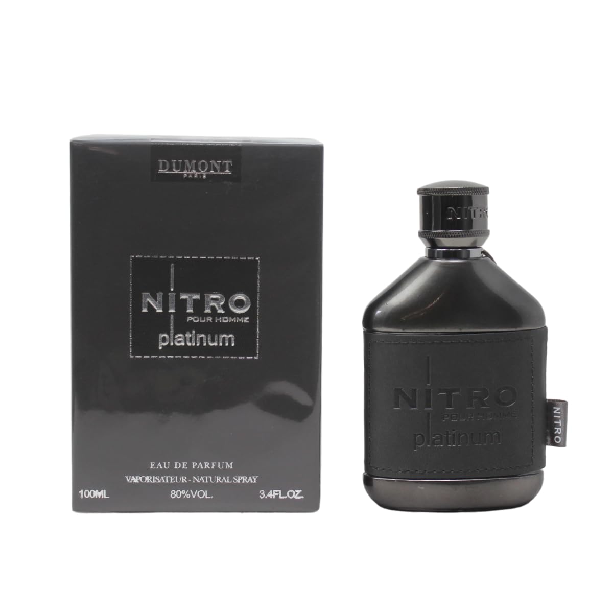 Dumont Nitro Platinum: botella metalizada, ideal para eventos formales y presencia duradera.