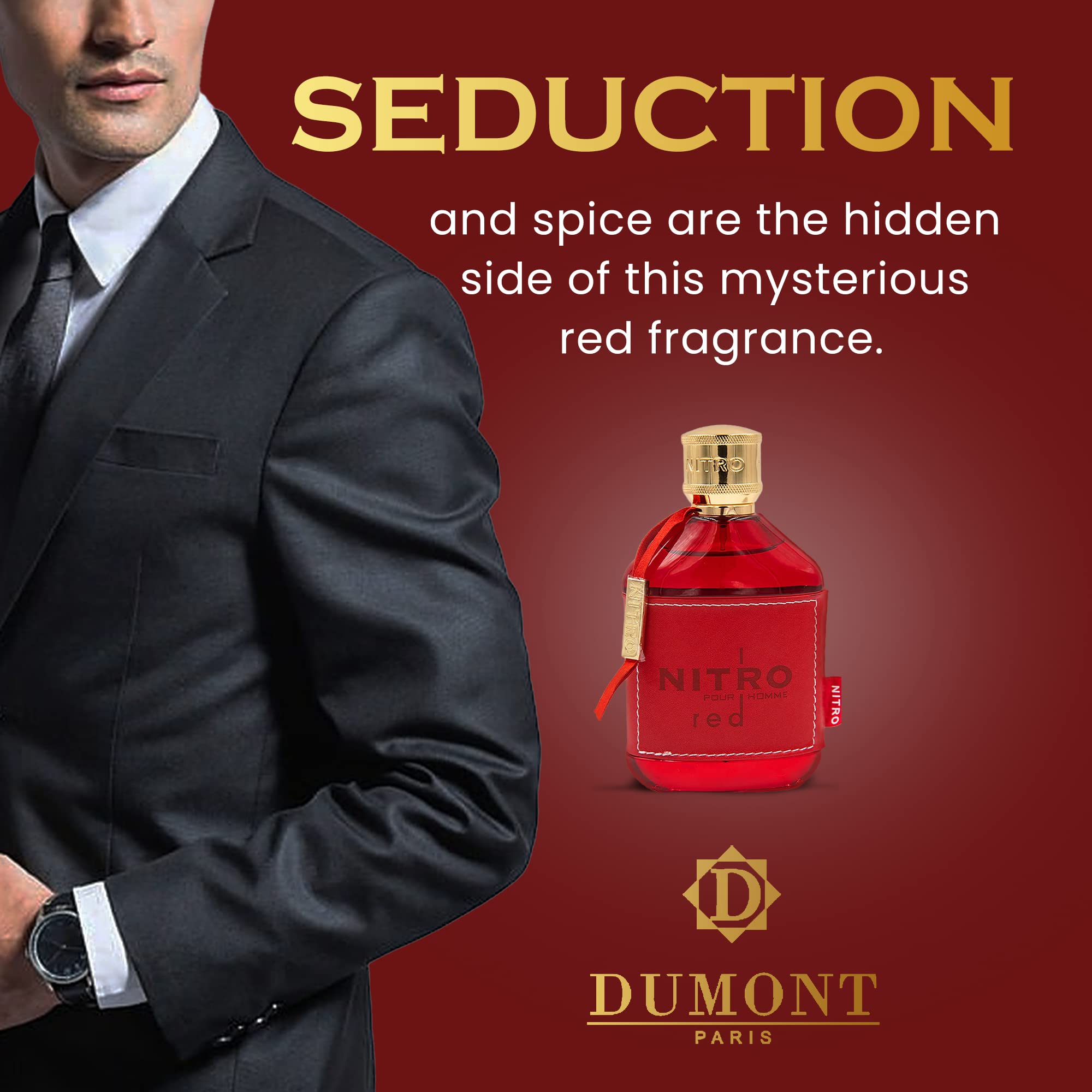 Dumont NITRO RED, mano sosteniendo frasco, imagen de lujo.