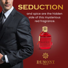 Dumont NITRO RED, mano sosteniendo frasco, imagen de lujo.