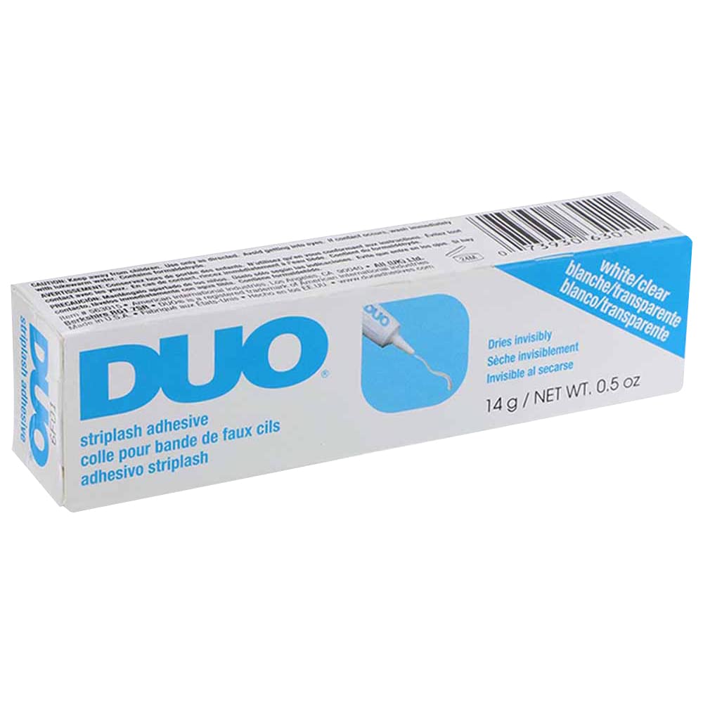 DUO adhesivo para pestanas en tira transparente, fijacion discreta y duradera.