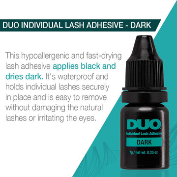 DUO adhesivo oscuro para pestañas, secado rápido y flexible.