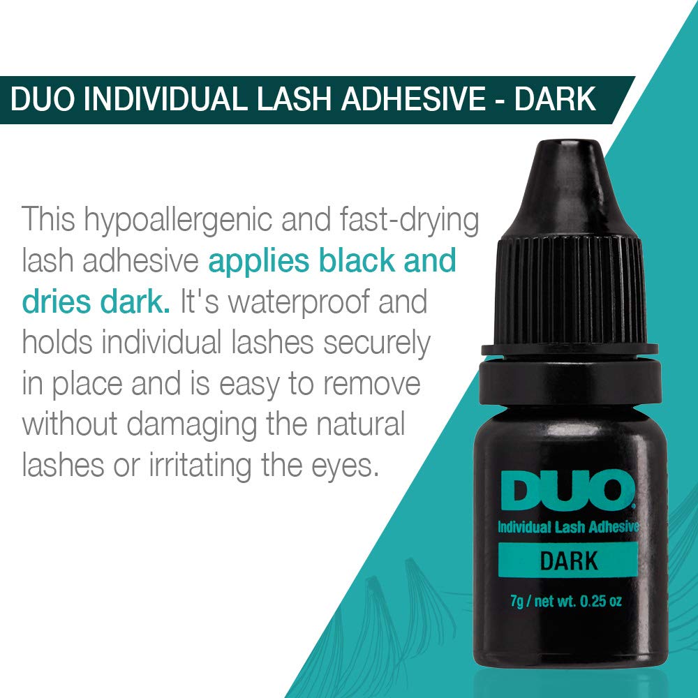 DUO adhesivo oscuro para pestañas, secado rápido y flexible.