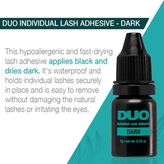 DUO adhesivo oscuro para pestañas, secado rápido y flexible.
