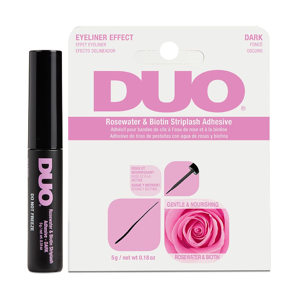 DUO pegamento pestañas: envase muestra agua de rosas y biotina para pestañas saludables.