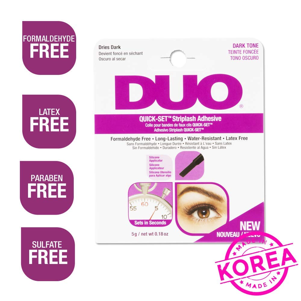 DUO Quick-Set secado rápido, fijación segura y acabado negro para pestañas.