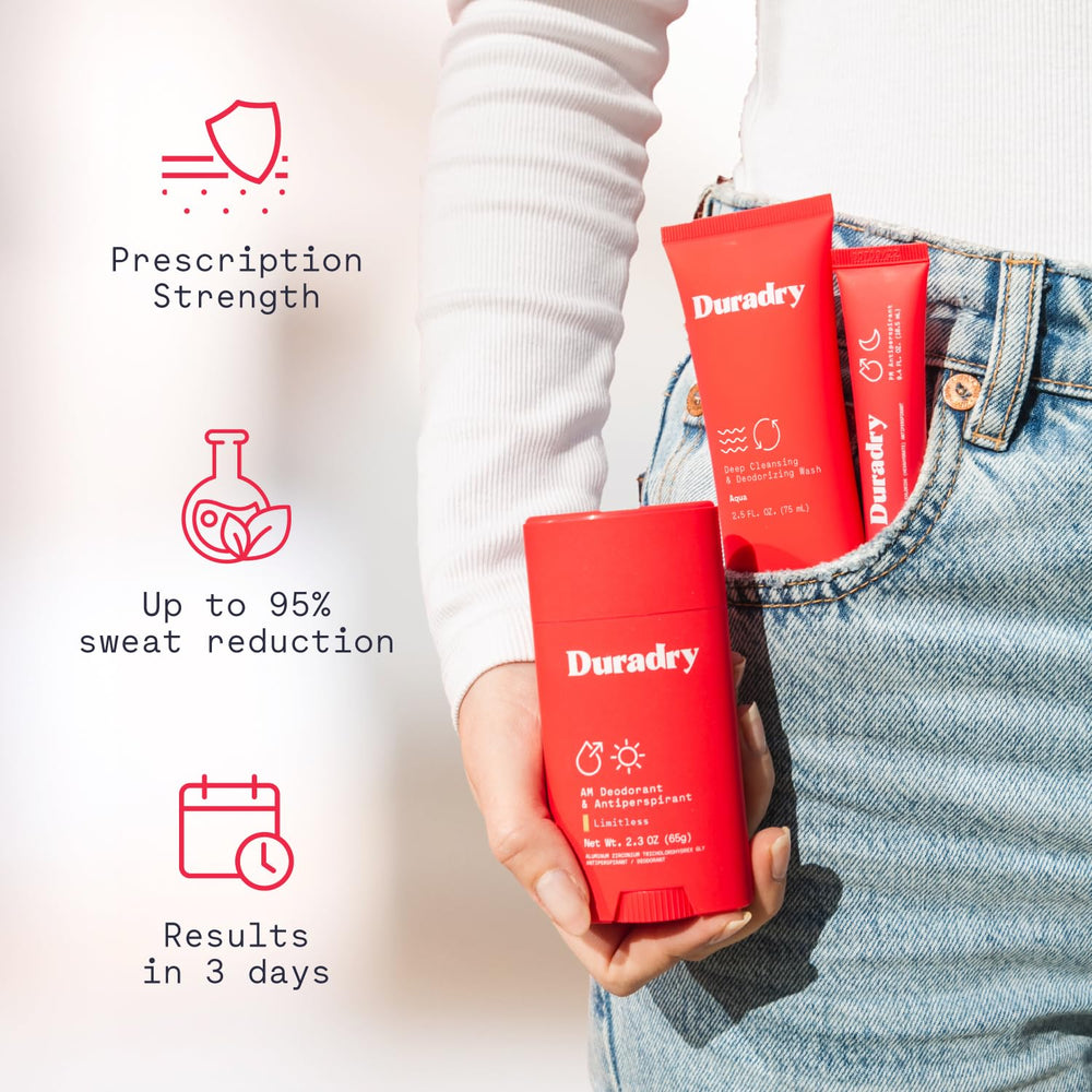 Gel minimizador de sudor Duradry, textura suave que reduce la humedad.