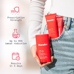 Gel minimizador de sudor Duradry, textura suave que reduce la humedad.
