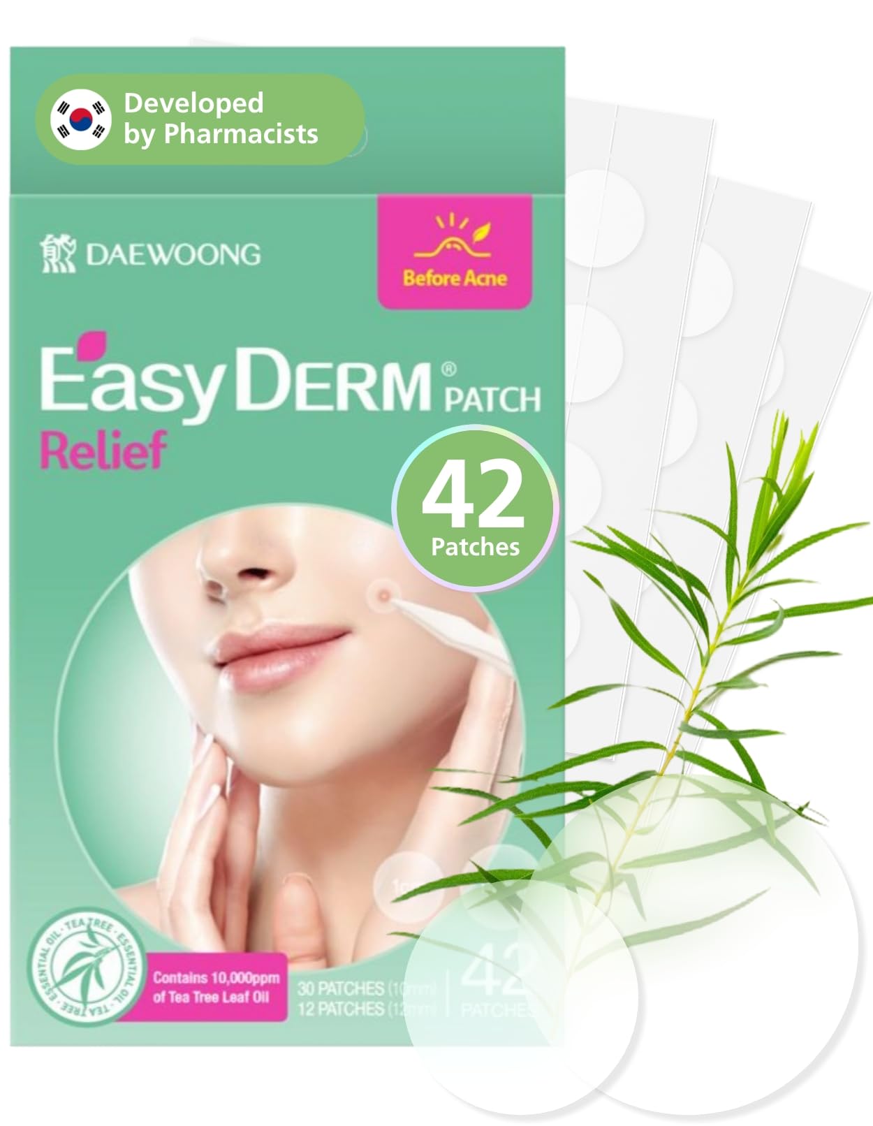 Parche traslúcido de DWEasyDerm en empaque, listo para brotes faciales.