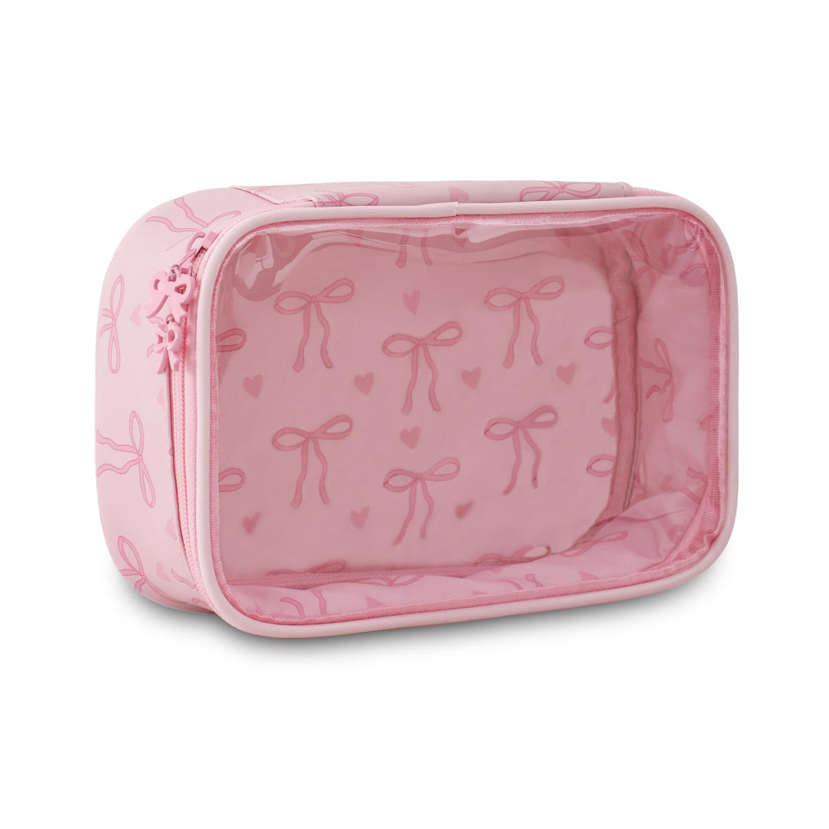 DYSHAYEN bolsa transparente con lazo rosa, ideal para viaje y revisión de seguridad en aeropuertos.