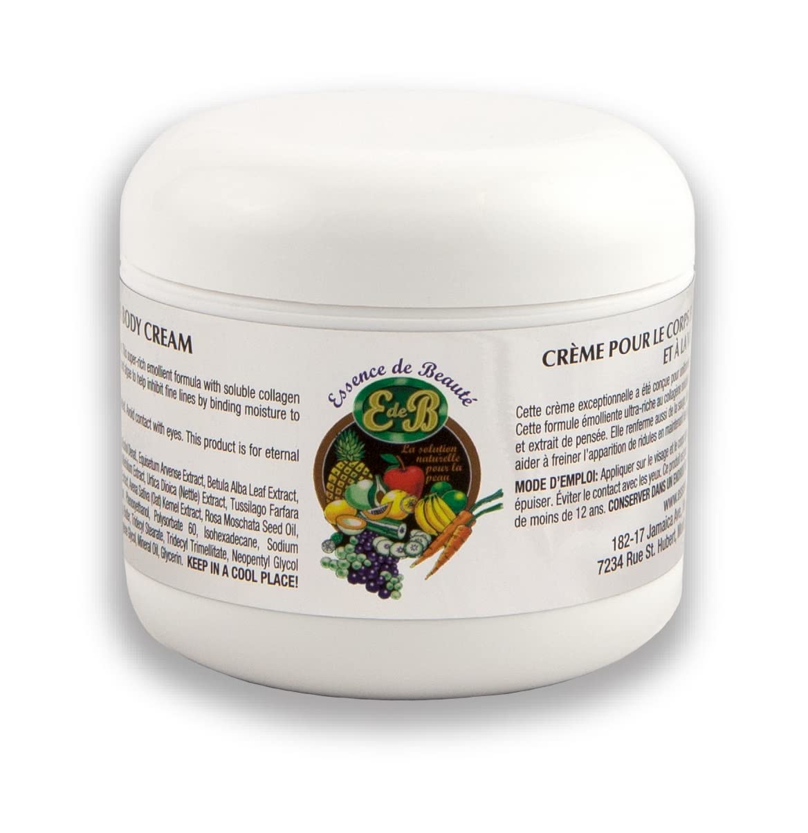 Crema de colágeno E de B, frasco frontal, hidratación profunda para la piel.
