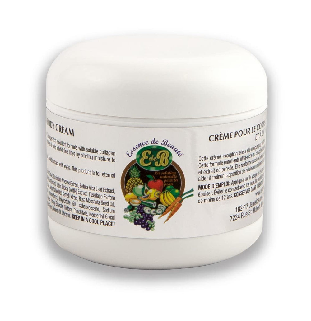 Crema de colágeno E de B, frasco frontal, hidratación profunda para la piel.