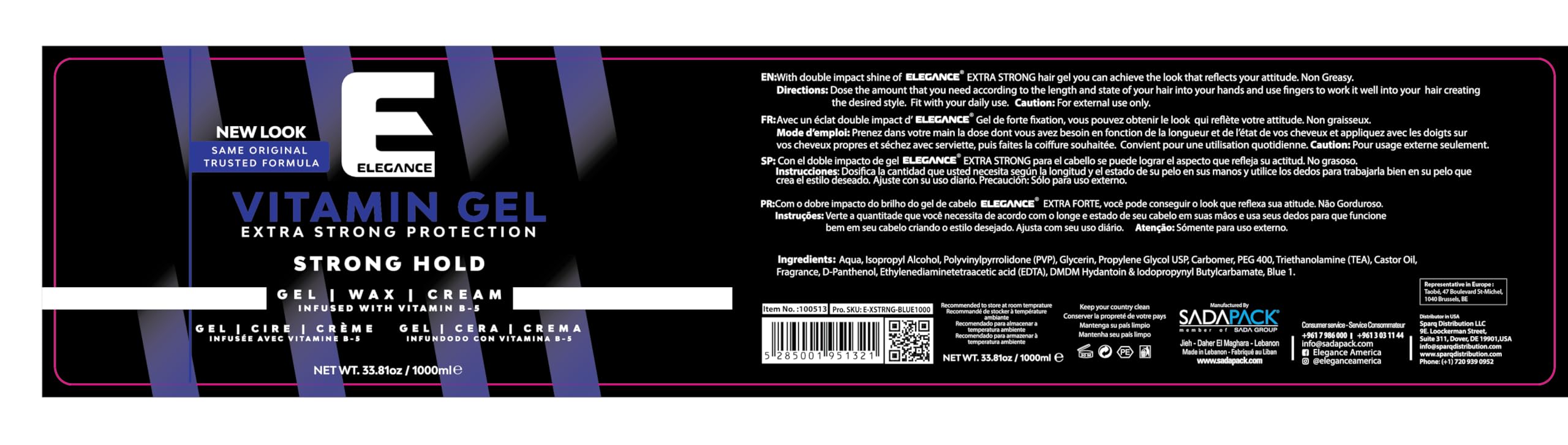 Etiqueta del Gel Elegance Pro-VB-5 mostrando beneficios para el cabello.