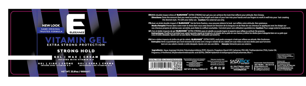 Etiqueta del Gel Elegance Pro-VB-5 mostrando beneficios para el cabello.