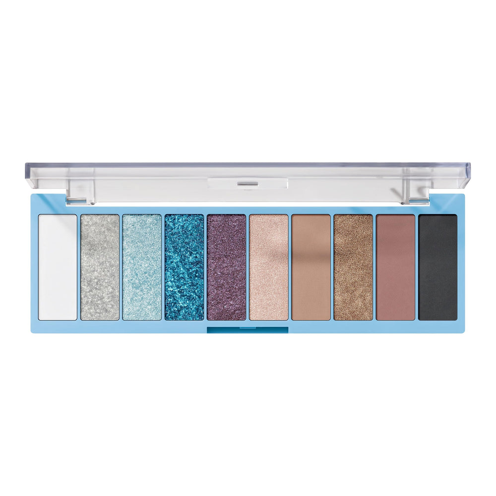 Muestras de sombras e.l.f. Perfect 10 en tonos azules y púrpuras para looks audaces.
