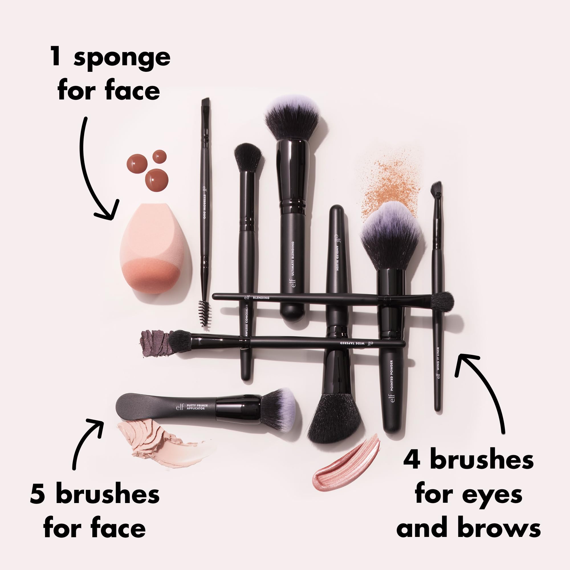 e.l.f. juego de brochas faciales para base y contorno, aplicación suave.
