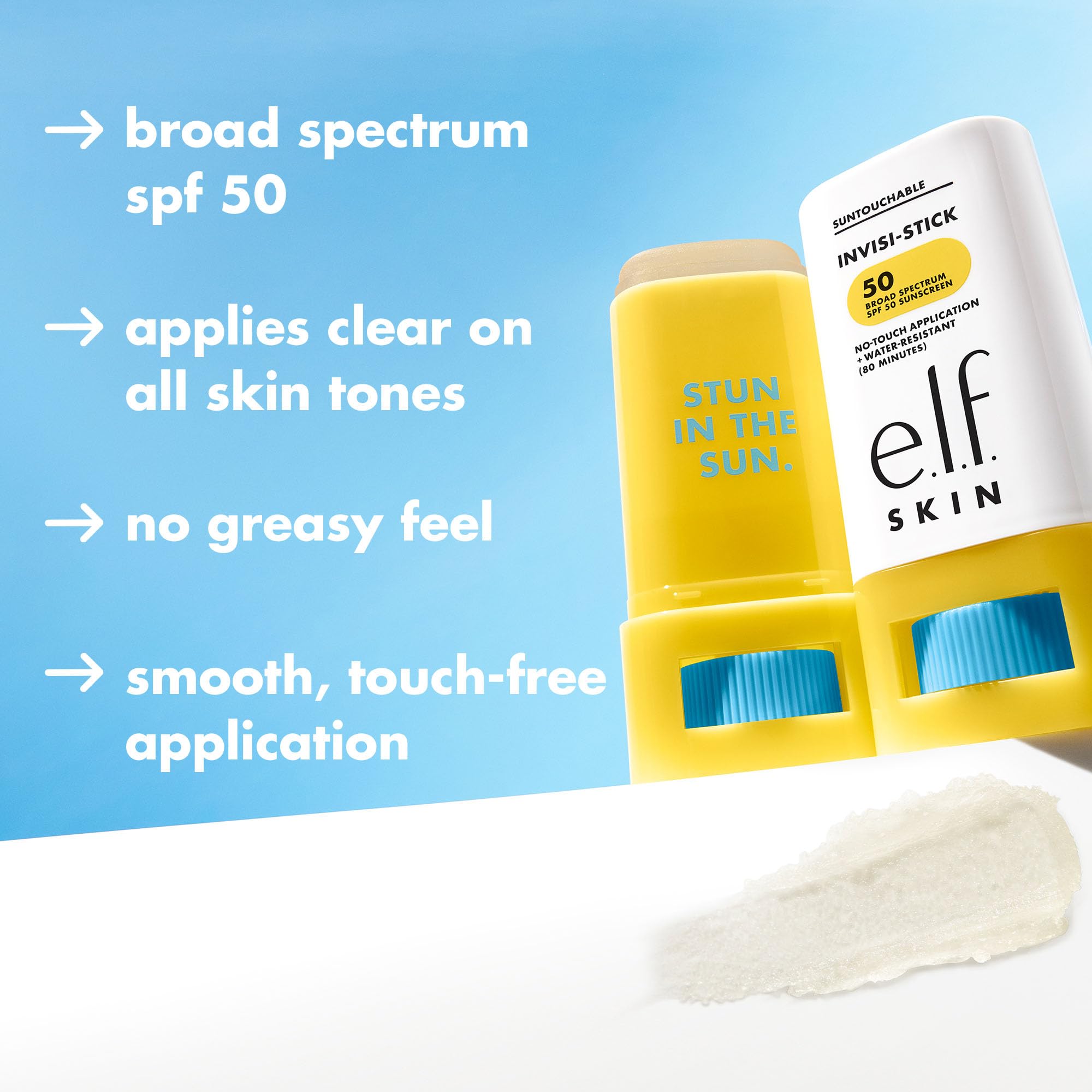 Textura suave de barra de e.l.f. Suntouchable Invisi-Stick SPF 50.