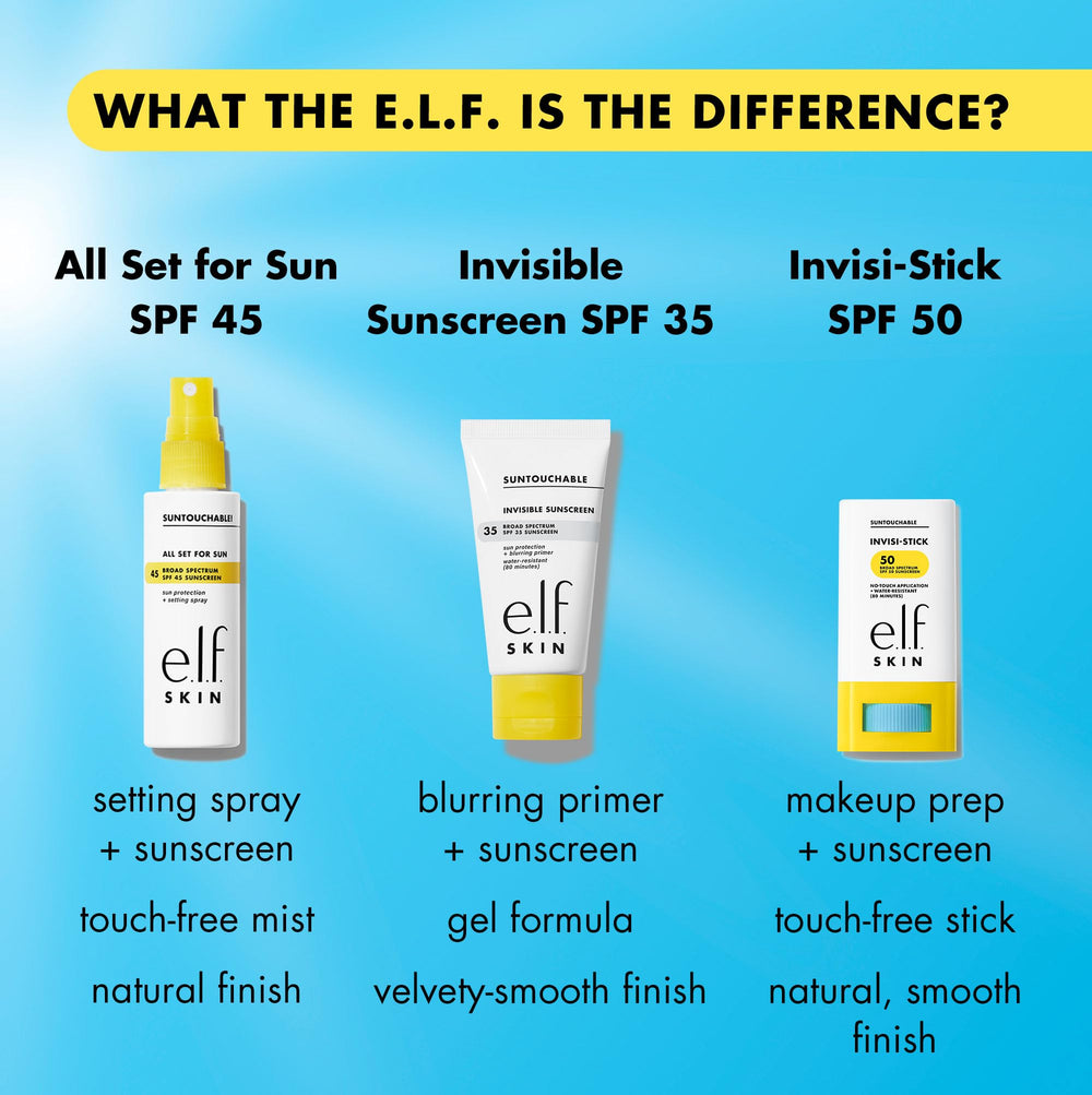 Se puede reaplicar sobre maquillaje con e.l.f. Suntouchable Invisi-Stick SPF 50.