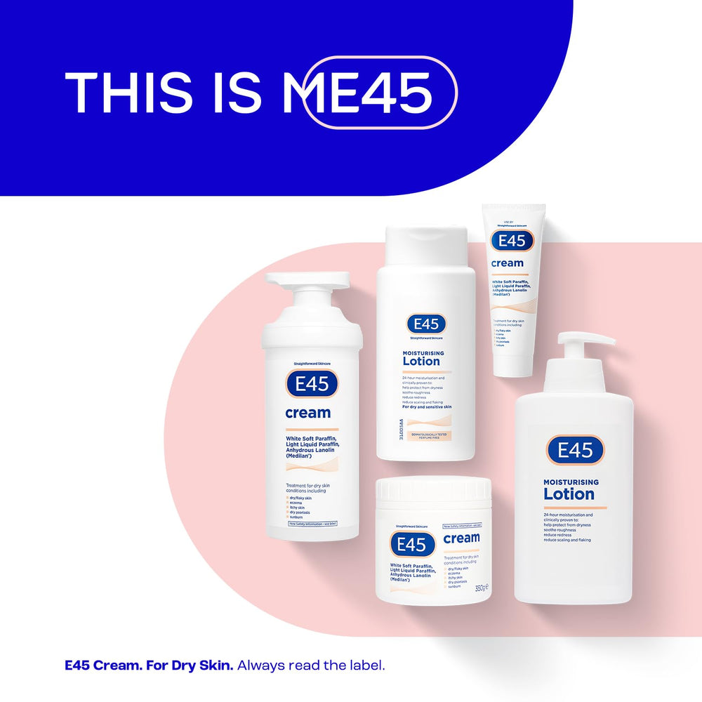 Absorción rápida de Crema E45 sin residuo pegajoso.