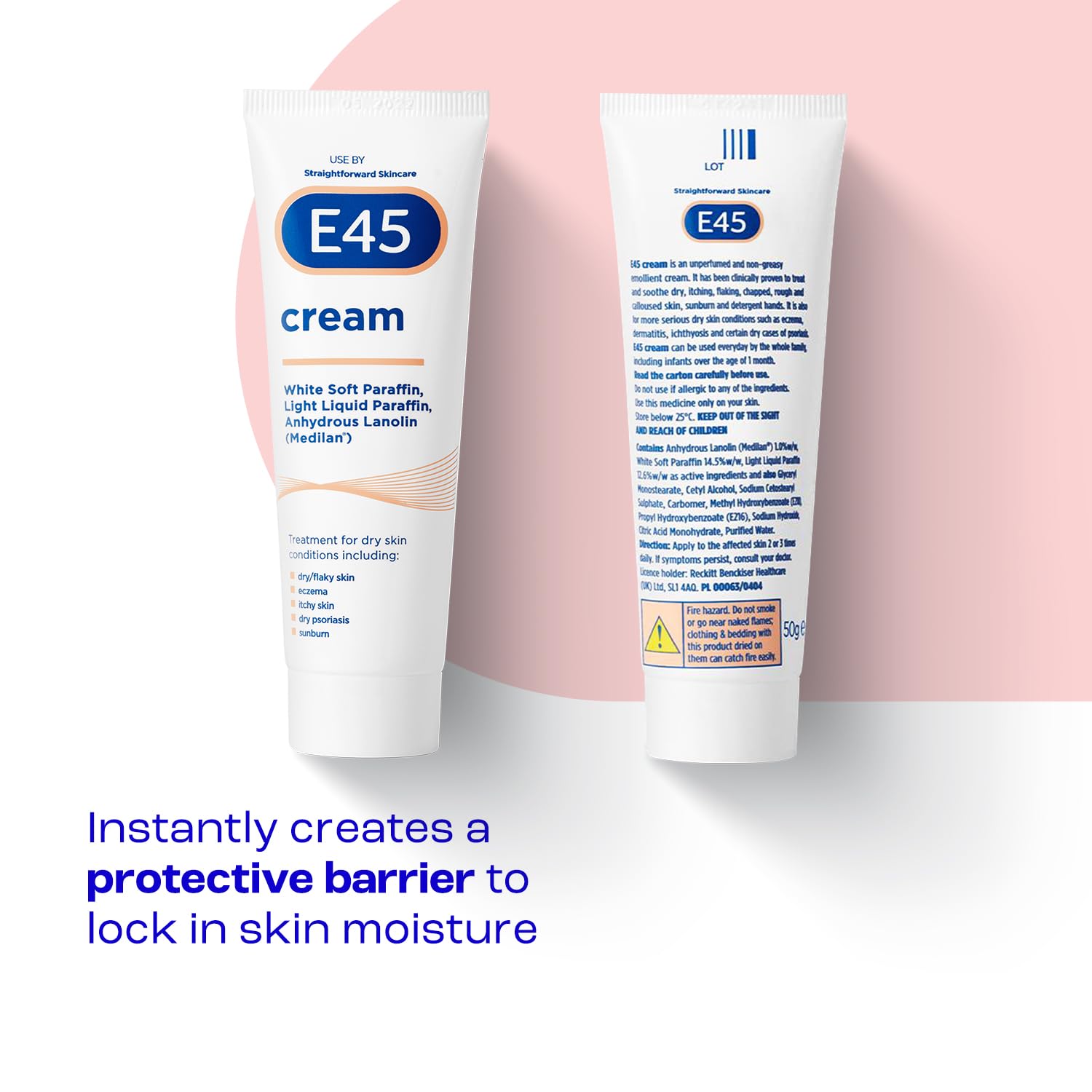 Aplicación suave de Crema E45 en las manos para aliviar la sequedad.