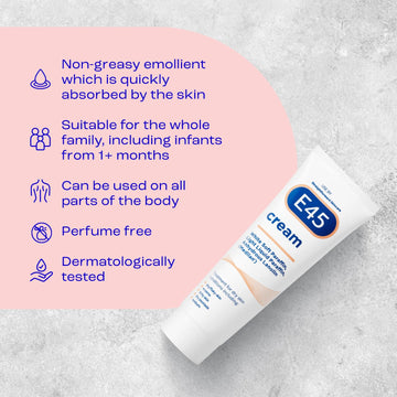 Crema E45 para infantes desde un mes, uso seguro según indicaciones.