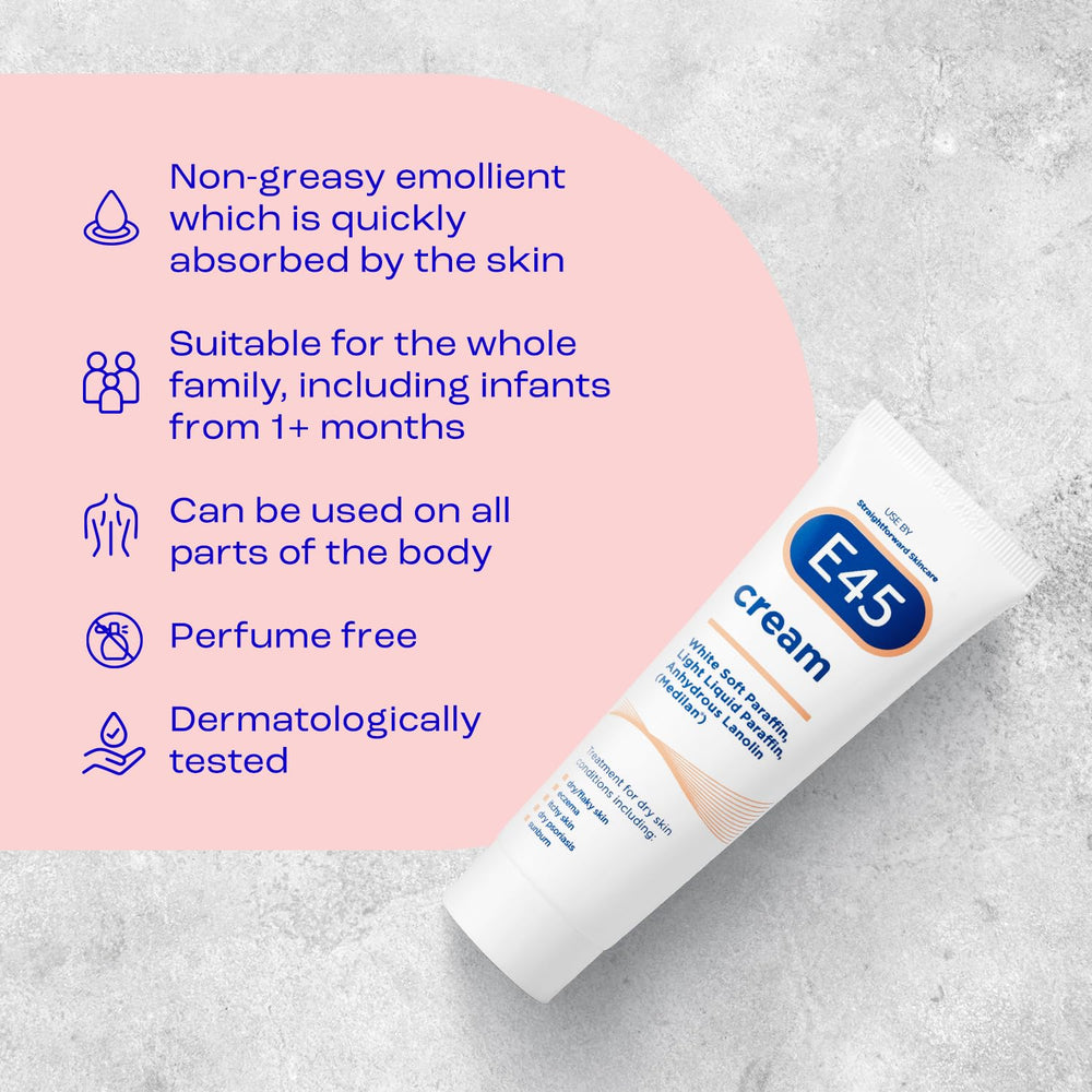 Crema E45 para infantes desde un mes, uso seguro según indicaciones.
