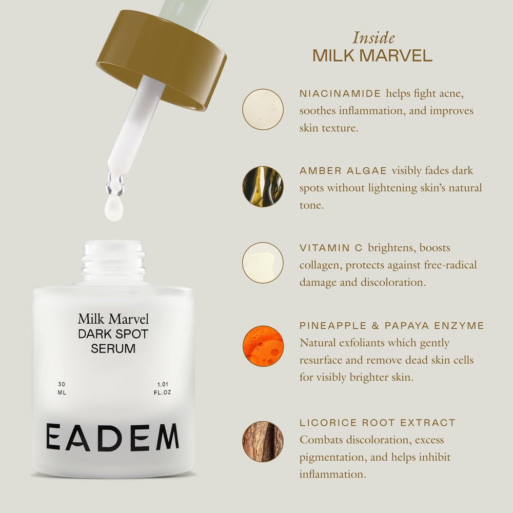 EADEM Milk Marvel Serum: envase y caja, fórmula vegana y sin fragancia.
