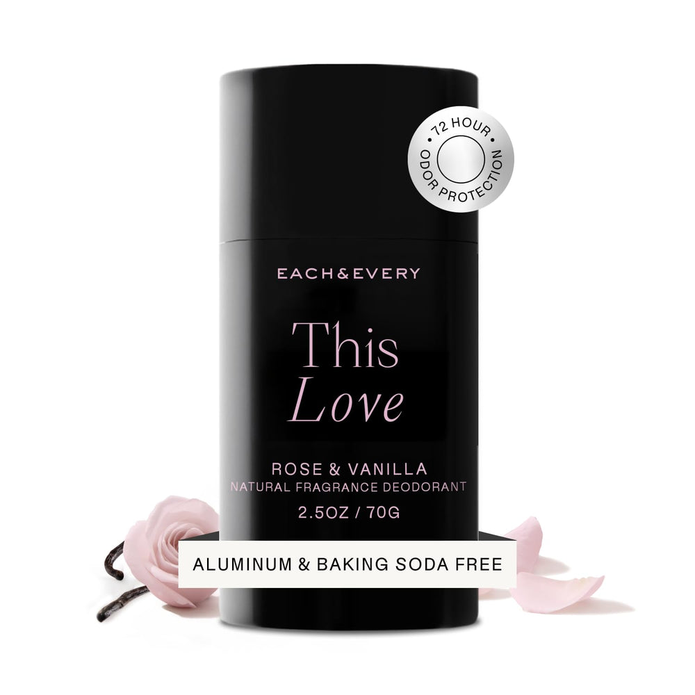 Each & Every rose-vanilla deodorant bottle offers all-day freshness