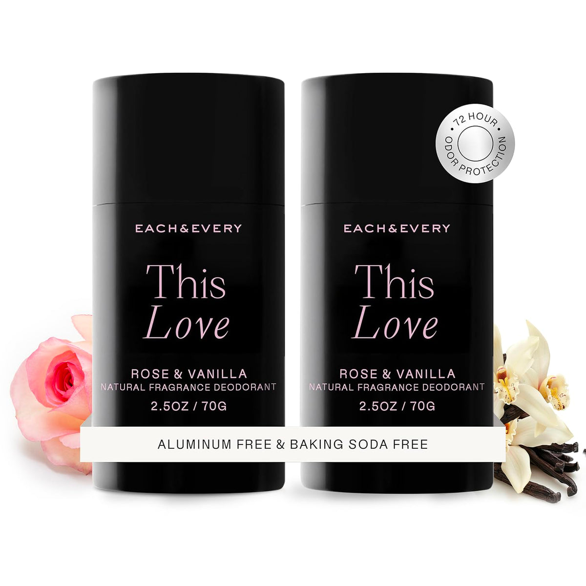 Each & Every desodorante sin aluminio rosa vainilla, protección duradera sin irritantes.