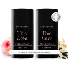 Each & Every desodorante sin aluminio rosa vainilla, protección duradera sin irritantes.