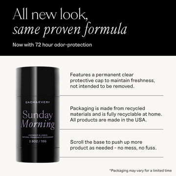 Each & Every lavender lemon deodorant packaging highlights eco-friendly plant-based materials.
