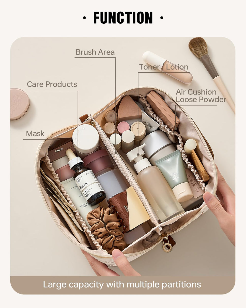EACHY bolsa maquillaje de viaje, abierta plana: visión completa de contenidos.