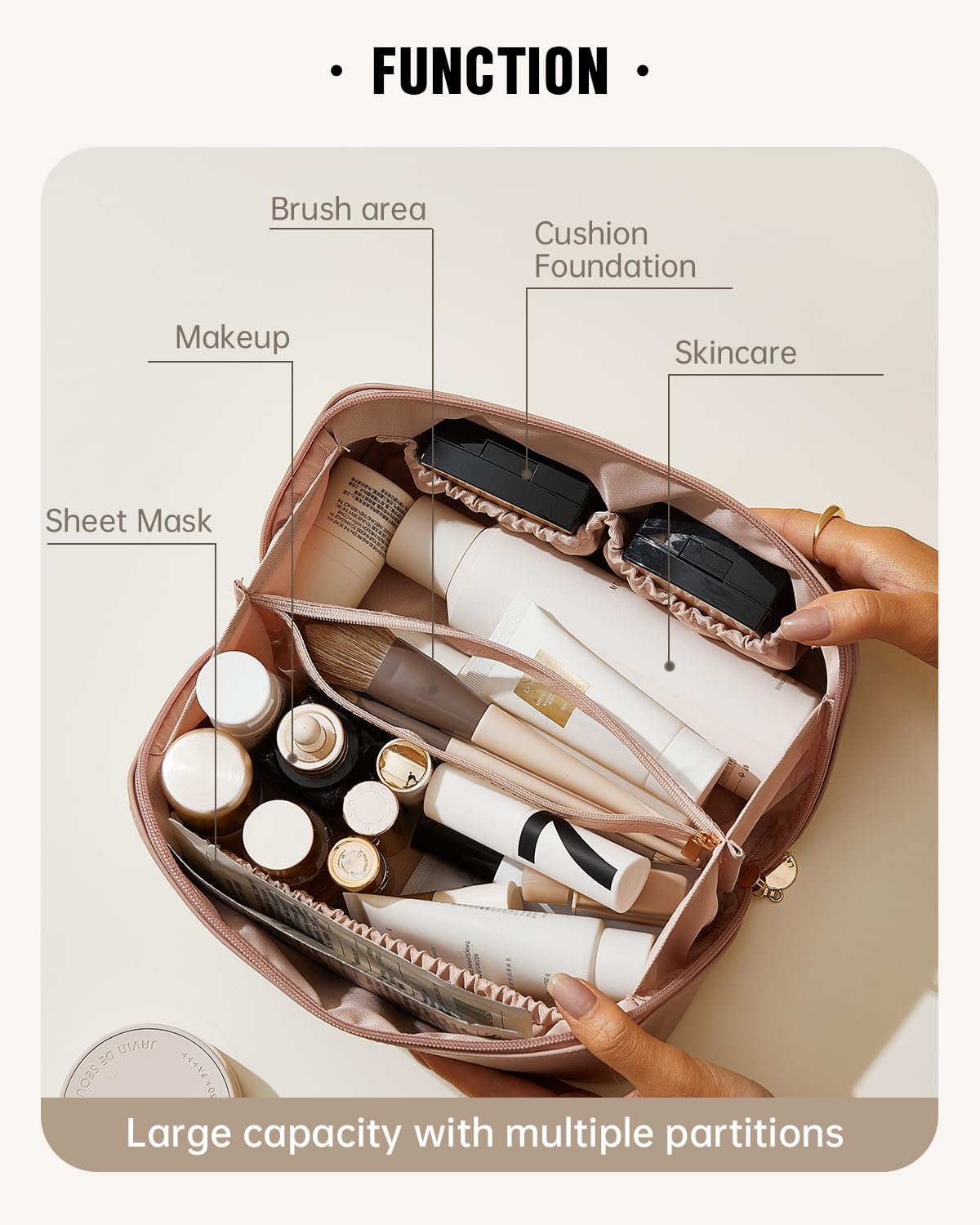 EACHY bolsa de maquillaje viajera abierta plana para ver todo de un vistazo.