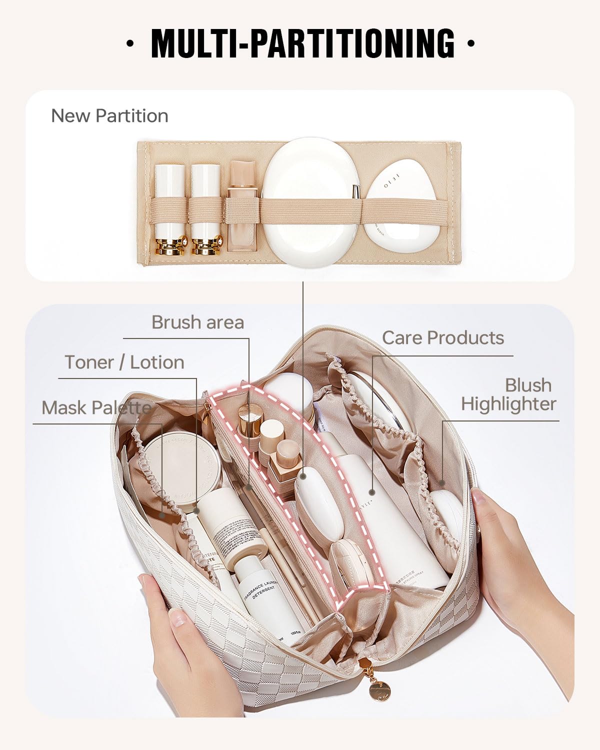 EACHY bolsa de maquillaje de viaje, vista abierta, facilita ver todos los productos de un vistazo.
