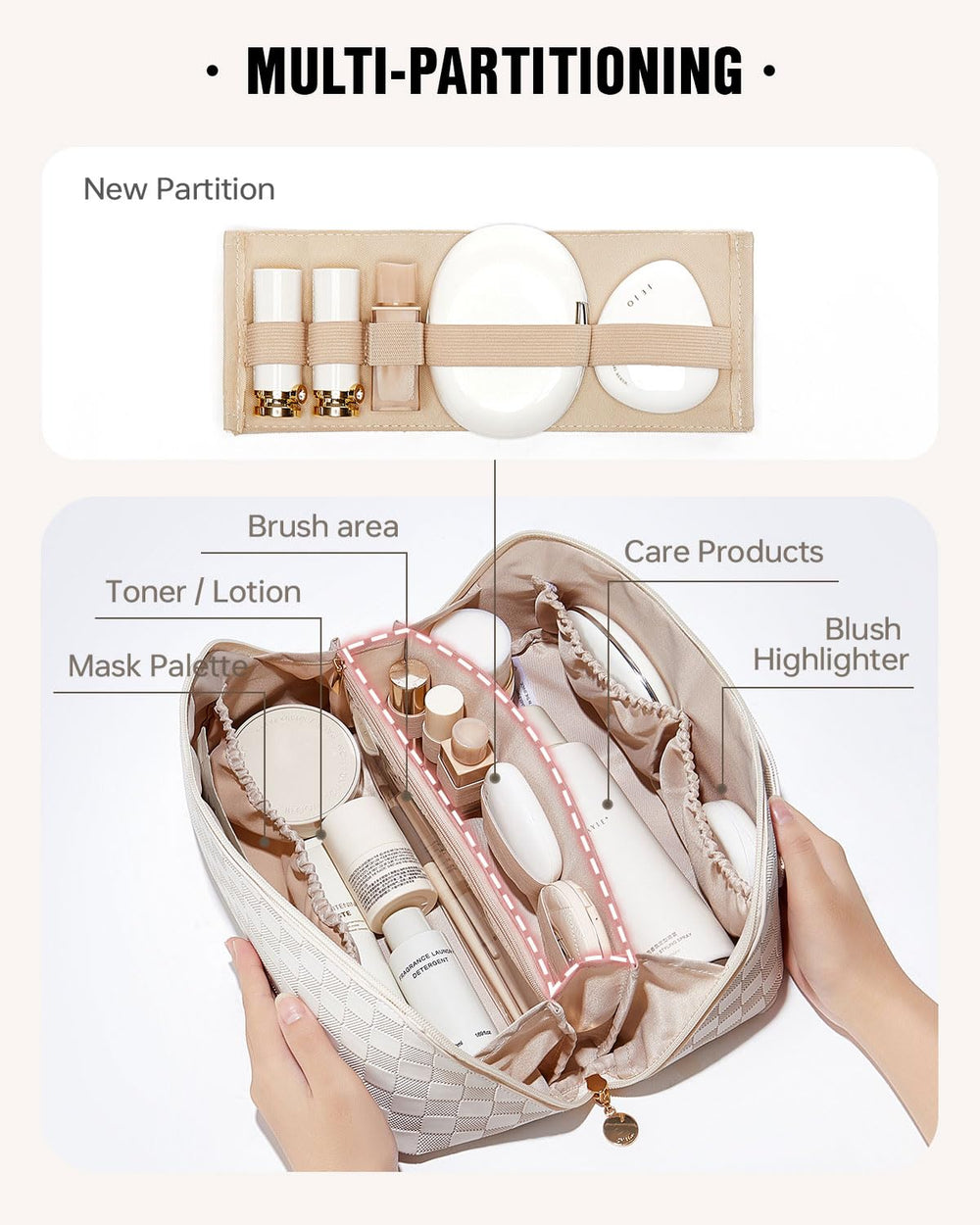 EACHY bolsa de maquillaje de viaje, vista abierta, facilita ver todos los productos de un vistazo.