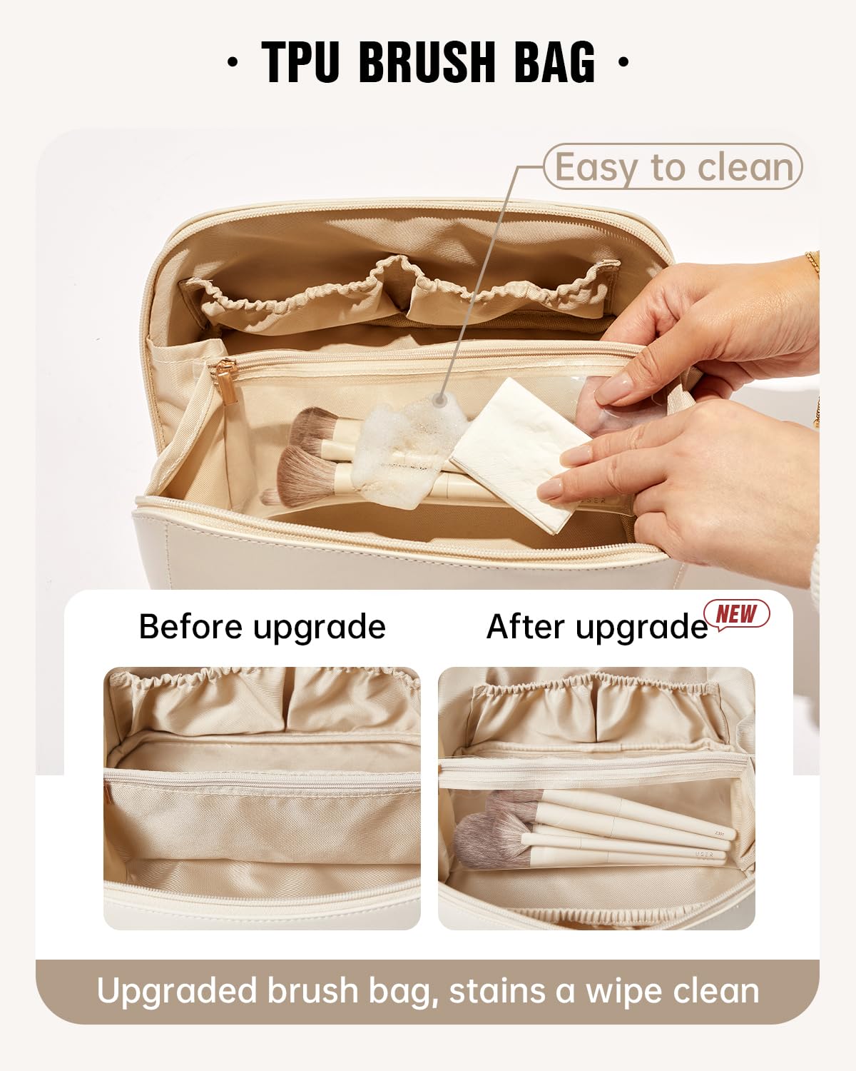 EACHY interior con divisor para organizar brochas y cosméticos.
