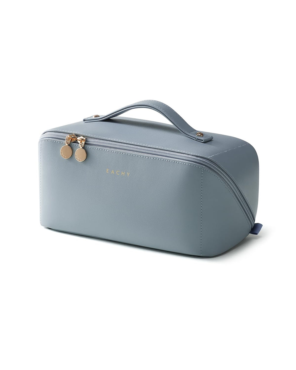 Eachy bolso de maquillaje de viaje abierto plano para ver y ordenar todo fácilmente.