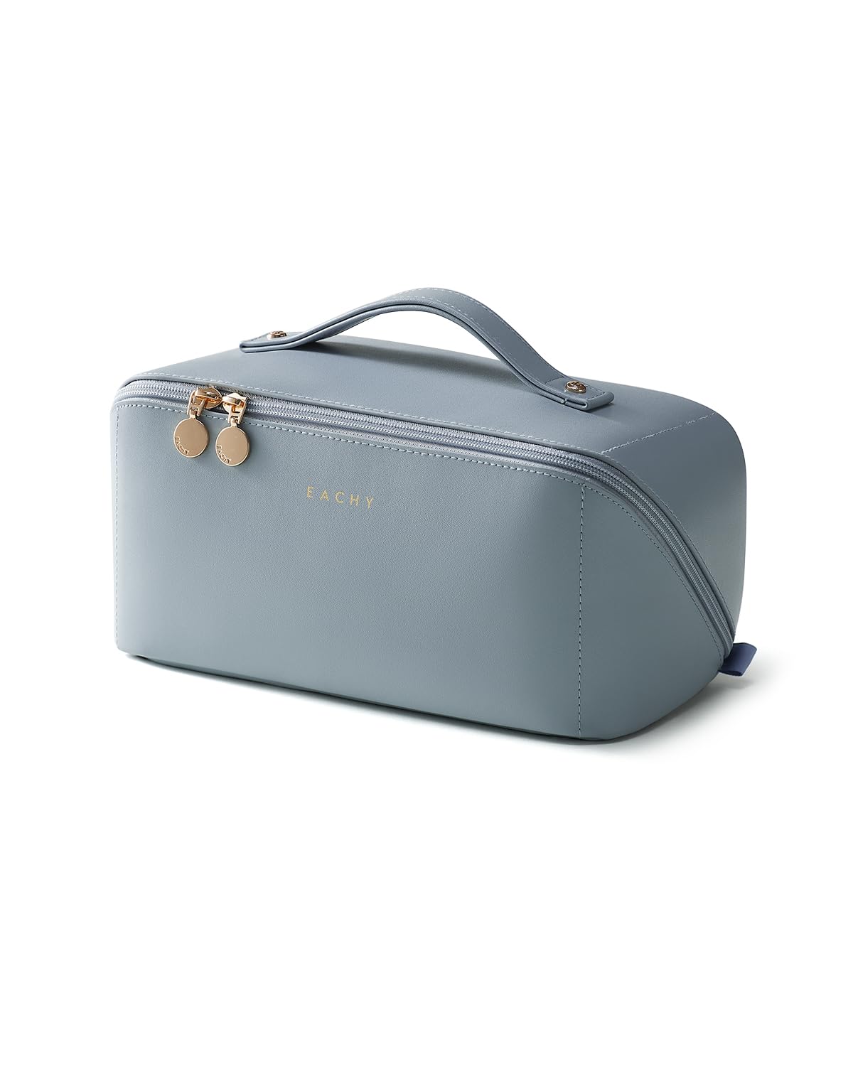 Eachy bolso de maquillaje de viaje abierto plano para ver y ordenar todo fácilmente.