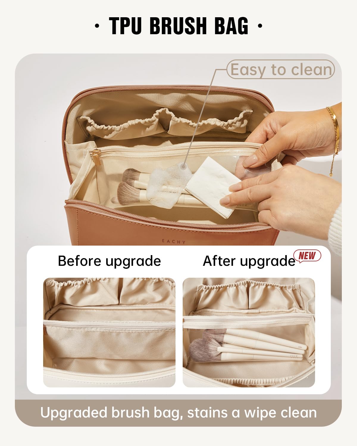 Eachy sac-maquillage avec diviseur intérieur transparent pour pinceaux visibles et séparés.