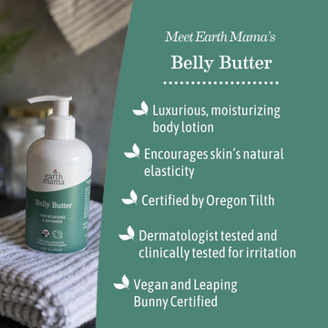 Earth Mama Belly Butter aplicación en muslos para piel elástica y suave.