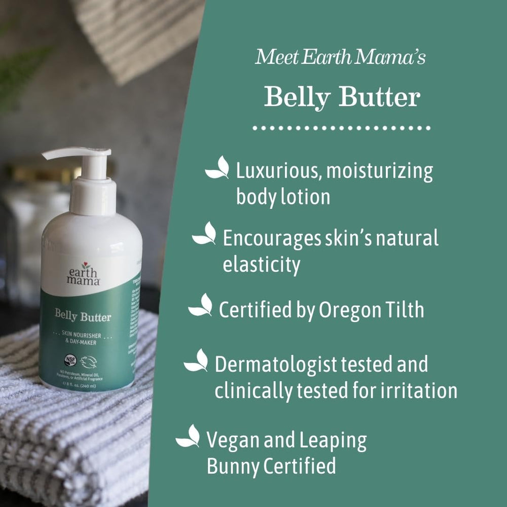 Earth Mama Belly Butter aplicación en muslos para piel elástica y suave.