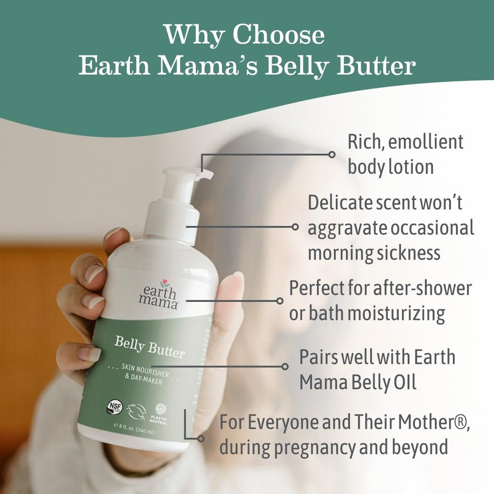 Earth Mama Belly Butter frasco abierto, textura cremosa lista para uso diario.