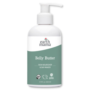 Earth Mama Belly Butter frente del envase, crema hipoalergénica para piel sensible durante el embarazo.